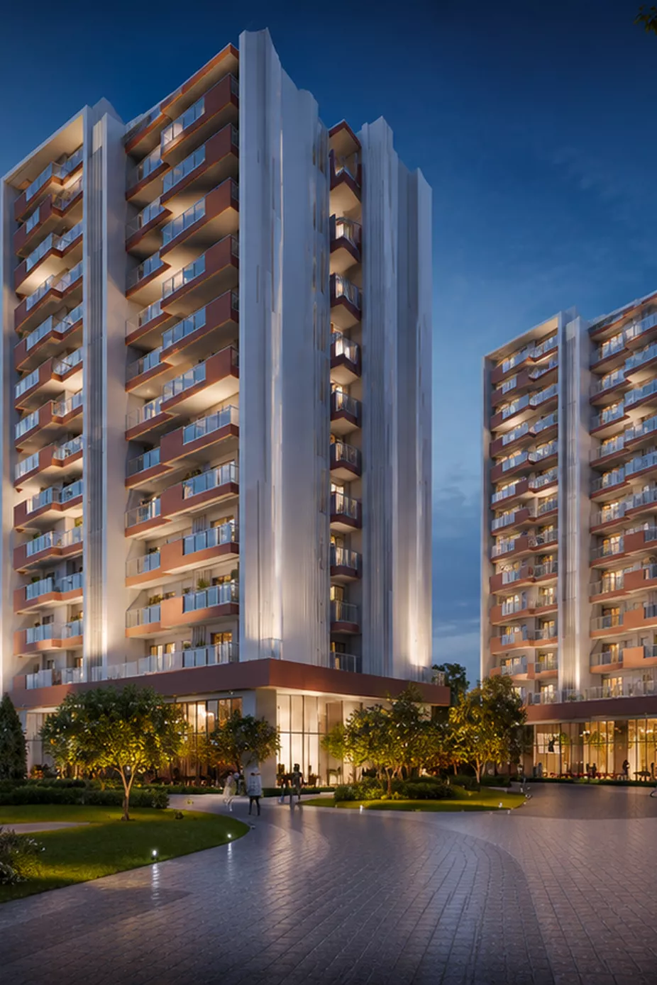 Landscaped gardens and modern residential towers at Pardos Sakura